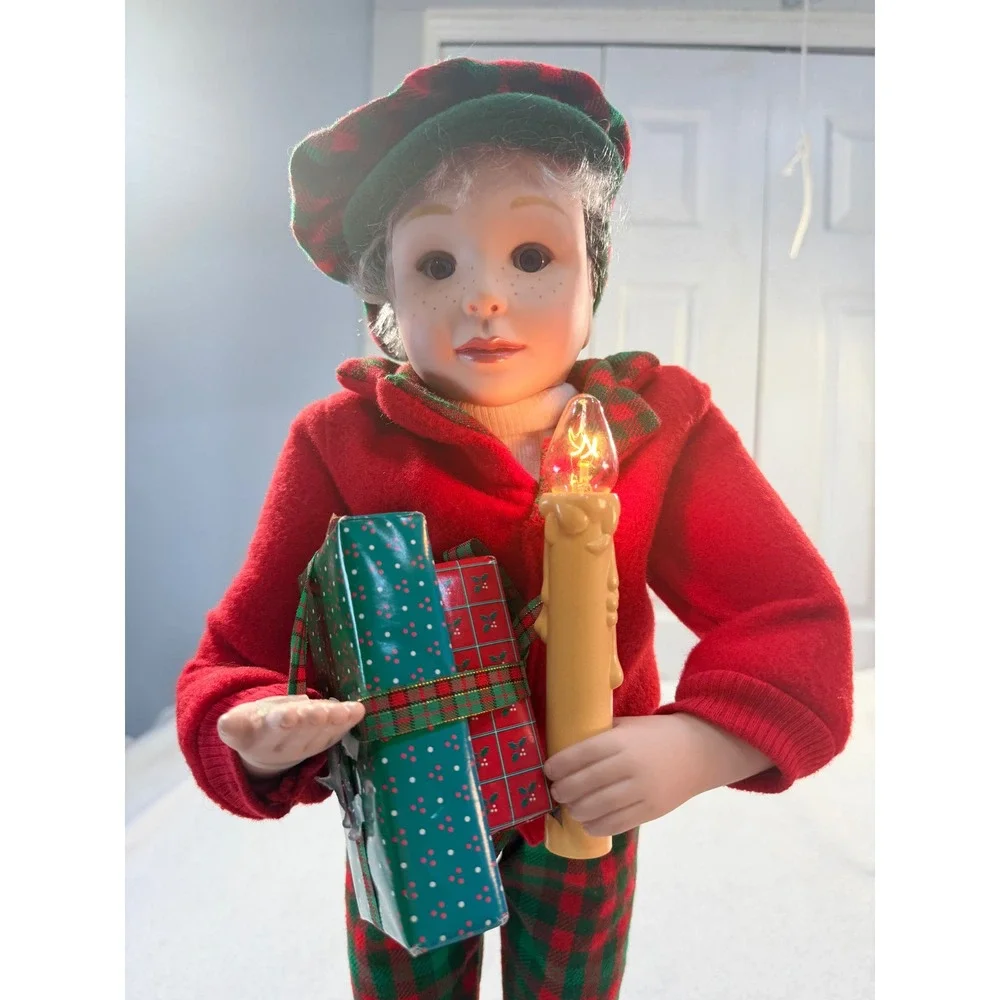 Vintage Noel Animated Christmas Boy Figure Lighted Candle Presents Plaid Outfit